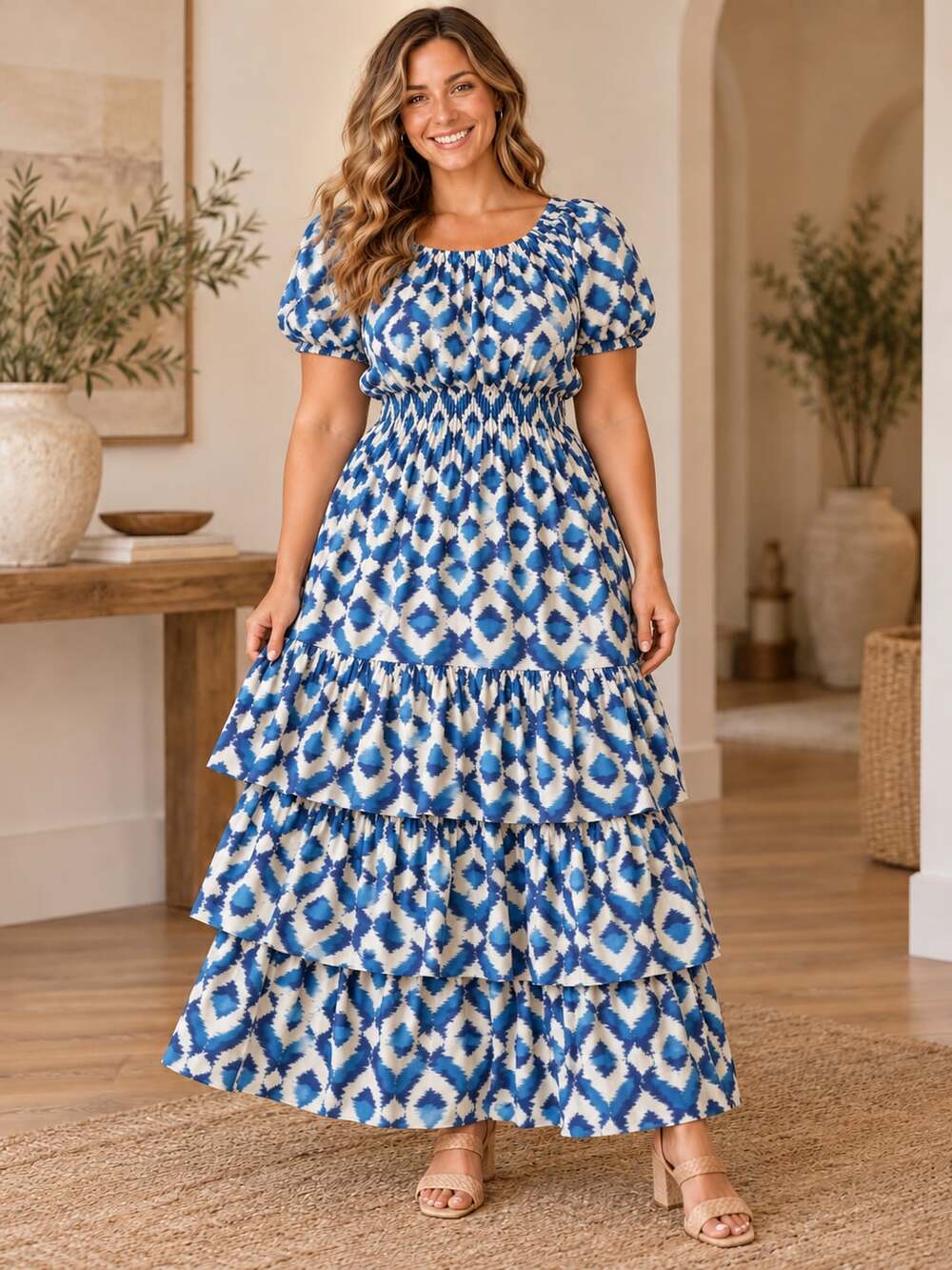 Knox Rose Blue White Geometric Tiered Maxi Dress Smocked Puff Sleeve XXL